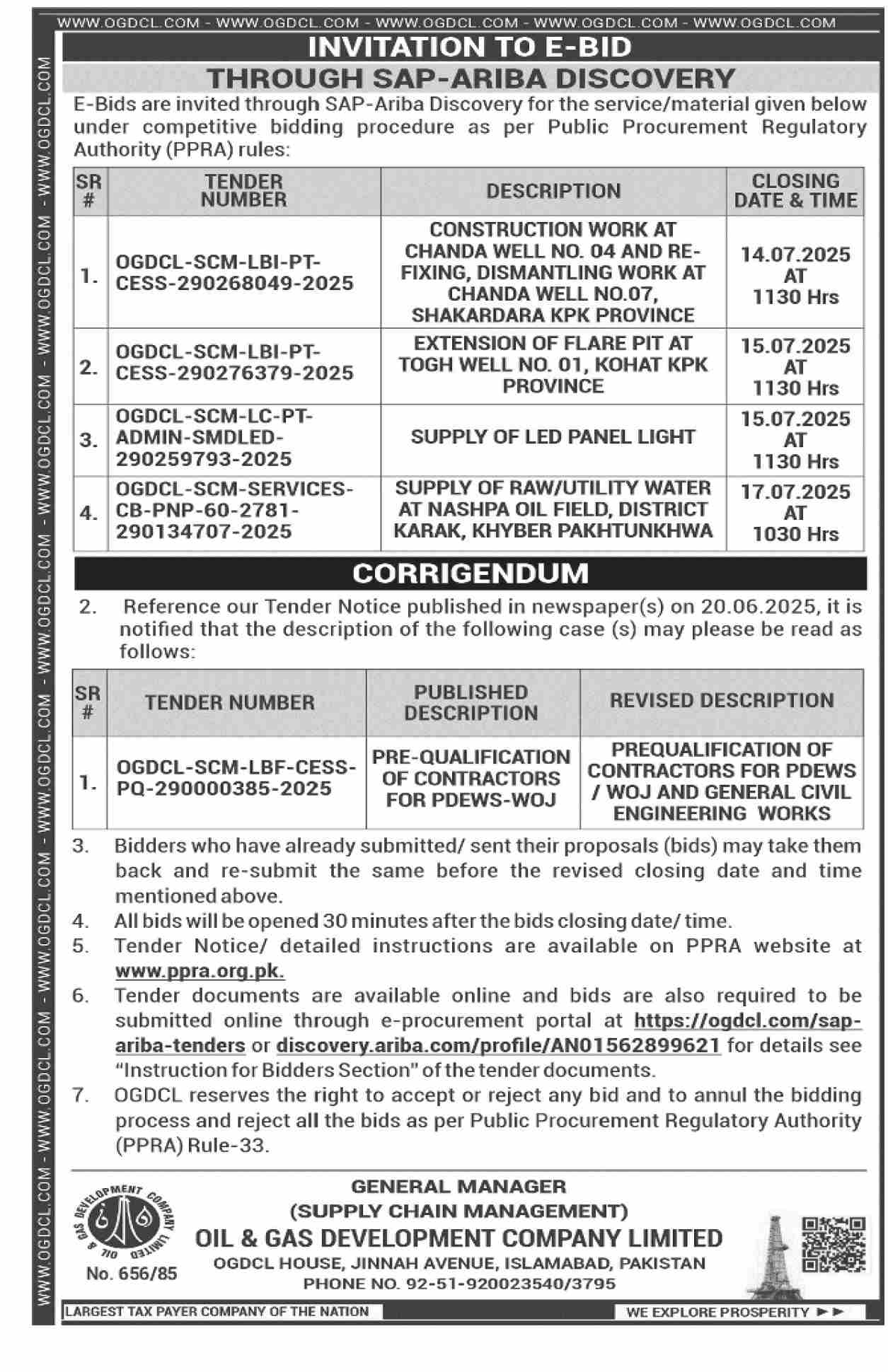 Oil & Gas Development Authority Islamabad Tender Notice